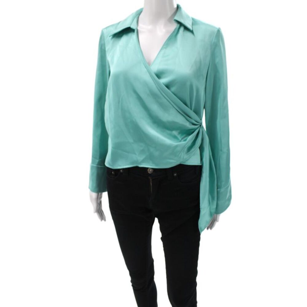 Zara Women Basic Blouse Green Collared Long Sleeve Polyester Size XS